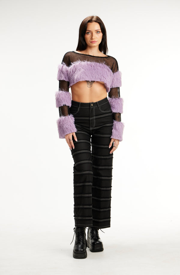 Mesh with Fur Trim Crop Top