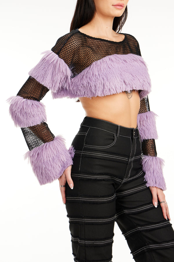 Mesh with Fur Trim Crop Top