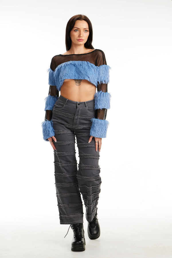 Mesh with Fur Trim Crop Top
