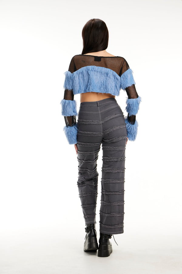 Mesh with Fur Trim Crop Top