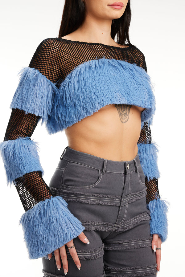 Mesh with Fur Trim Crop Top