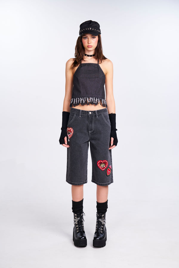 Distressed Denim Halter Top - Black