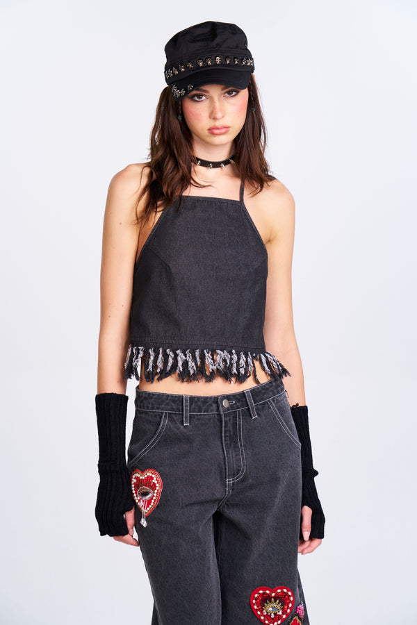 Distressed Denim Halter Top - Black