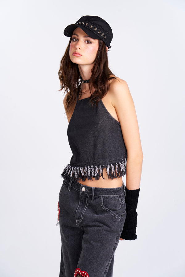 Distressed Denim Halter Top - Black