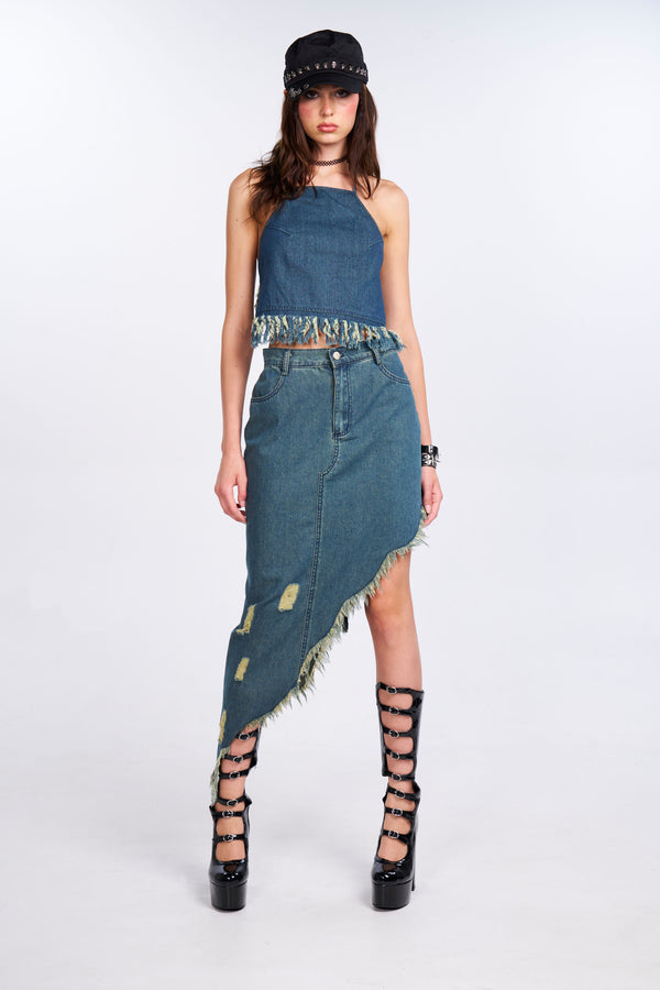 Distressed Denim Halter Top - Blue