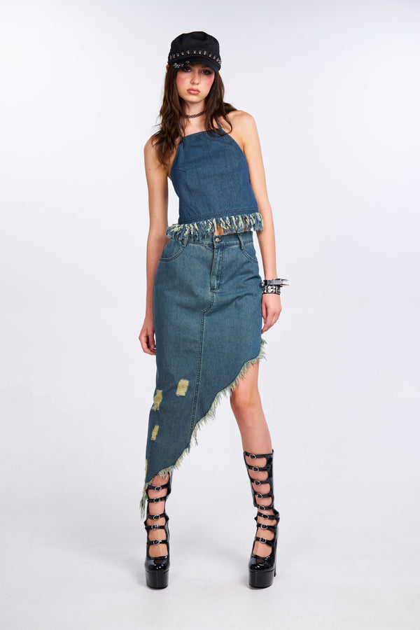 Distressed Denim Halter Top - Blue