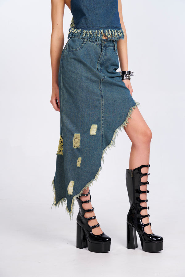 Distressed Denim Skirt