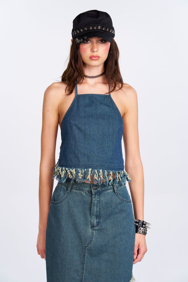 Distressed Denim Halter Top - Blue