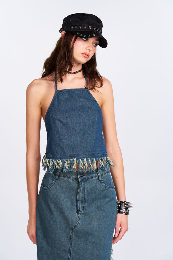 Distressed Denim Halter Top - Blue