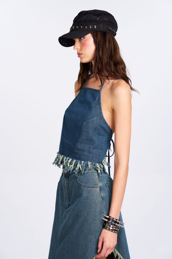 Distressed Denim Halter Top - Blue