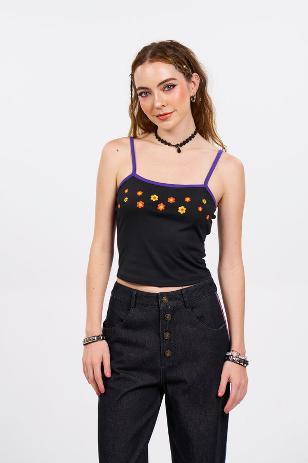 Daisy Delight Embroidered Cami - Black/Purple