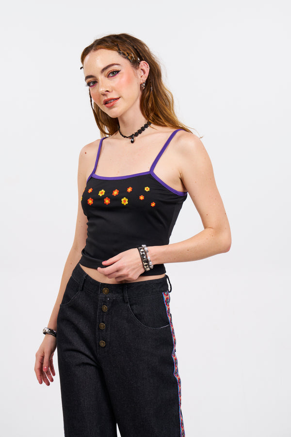 Daisy Delight Embroidered Cami - Black/Purple