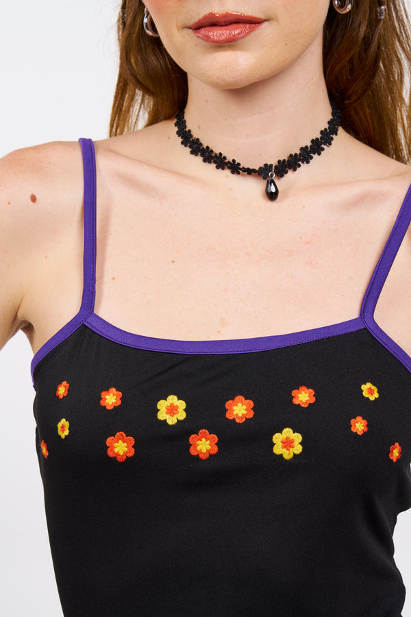 Daisy Delight Embroidered Cami - Black/Purple